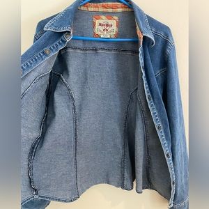 Hard Rock Cafe vintage denim shirt jacket large with orange plaid trim.